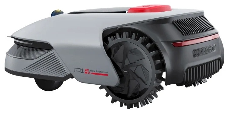Szara i czarna kosiarka robotyczna z czerwonym blatem i unikalnymi kołami.