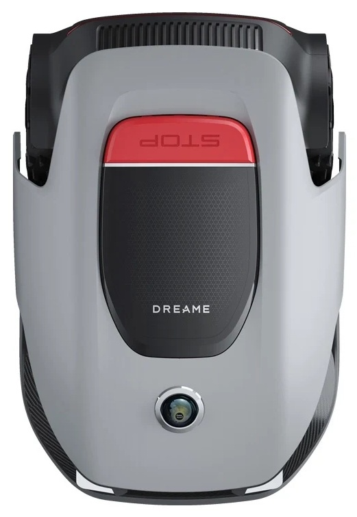 Robot sprzątający, widok z góry. Konstrukcja zawiera wyświetlacz stop i obiektyw aparatu.