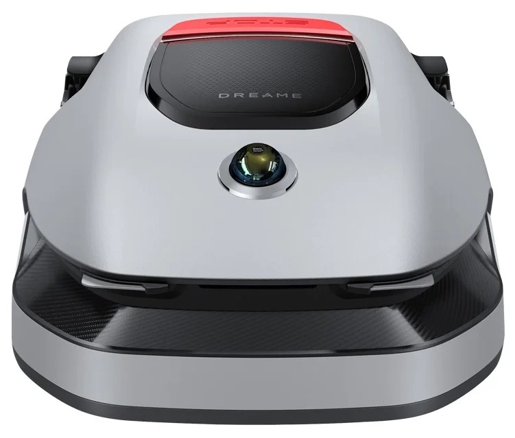 Widok z góry na robota odkurzającego Dreame. Jest srebrny z czerwonym akcentem.