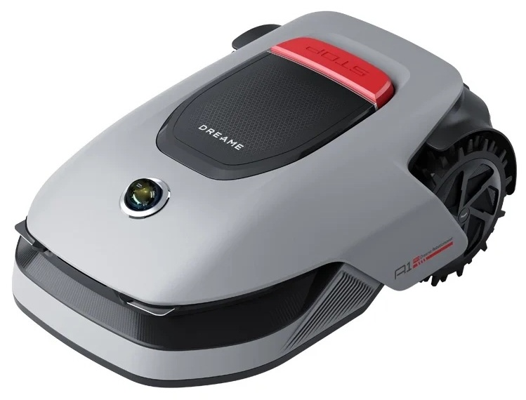 Kosiarka robotyczna z szarą obudową i czerwonym przyciskiem stop.