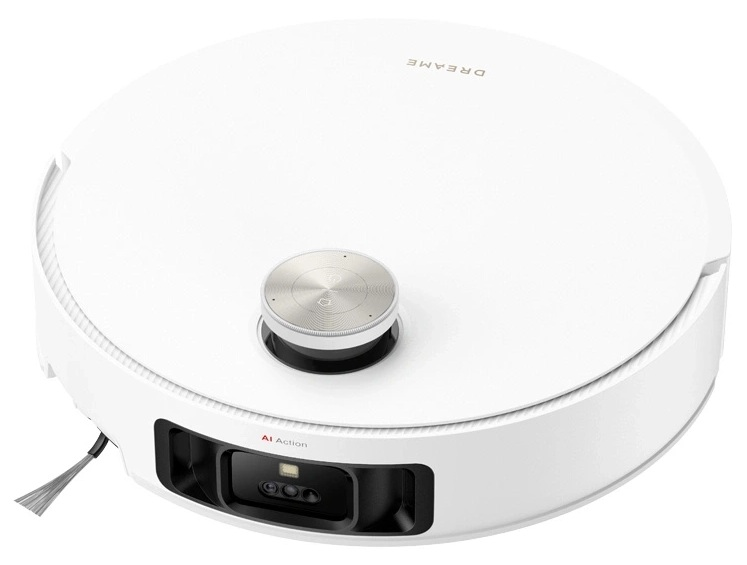 Biały robot odkurzający pokazany jest z góry. Ma centralne pokrętło i czarny przód.