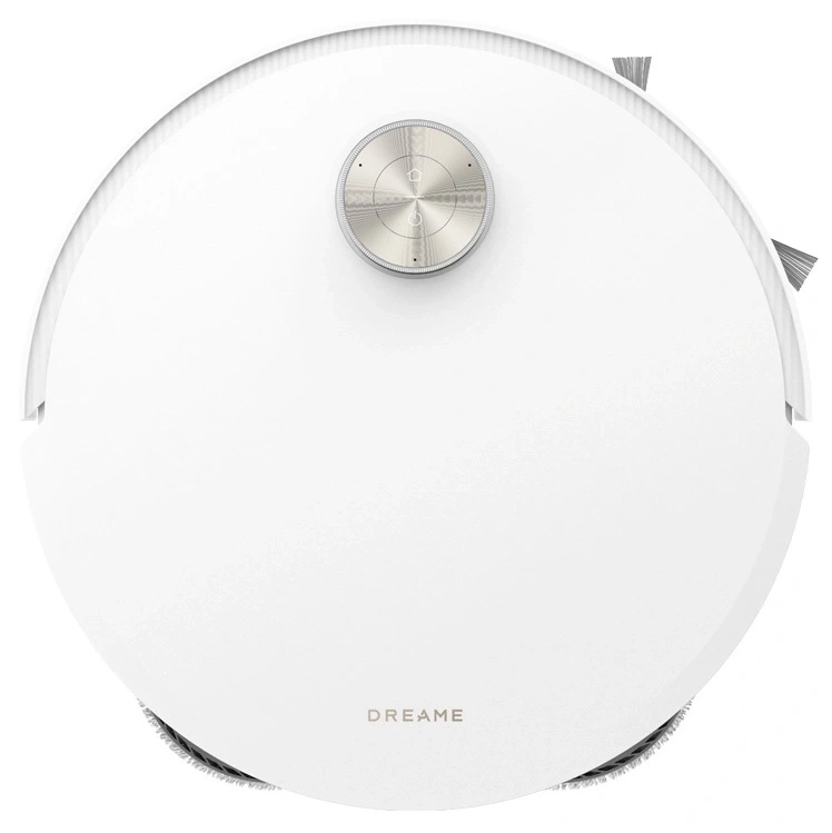 Biały okrągły odkurzacz automatyczny ze srebrnym centralnym przyciskiem i napisem DREAME.