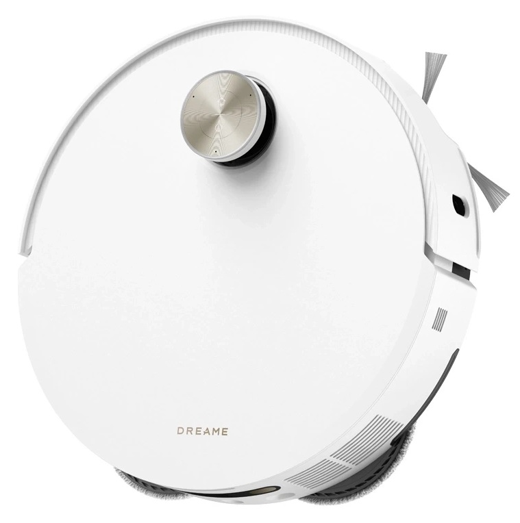 Biały okrągły odkurzacz automatyczny ze srebrnym centralnym przyciskiem i napisem DREAME.