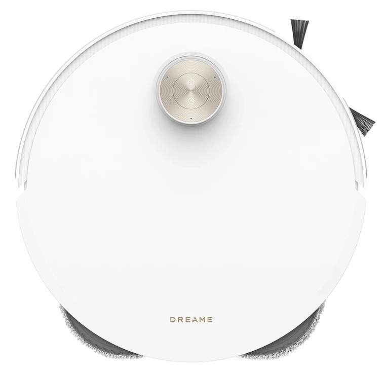 Biały odkurzacz automatyczny, widok z góry na białym tle.