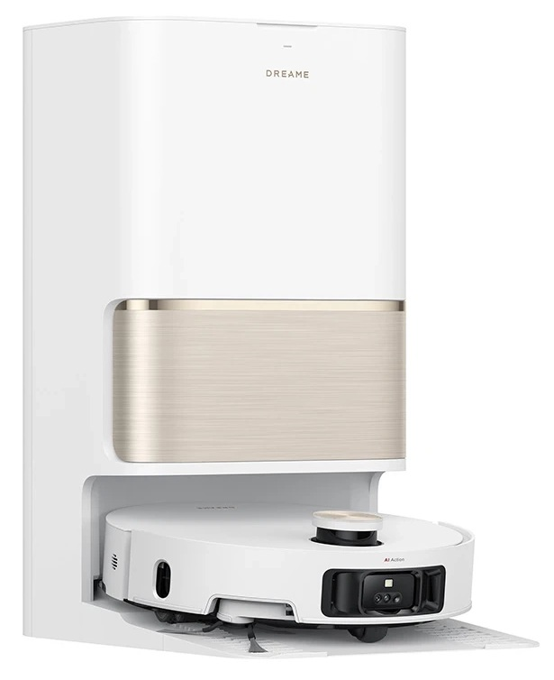 Biały odkurzacz w stacji ładującej. Biała obudowa, złote akcenty i logo DREAME.