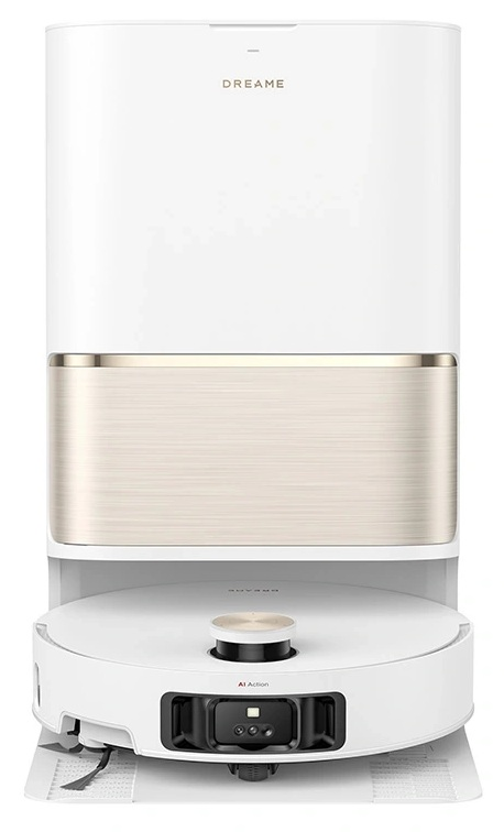 Biały i złoty odkurzacz robot Dreame z okrągłą głowicą czyszczącą.
