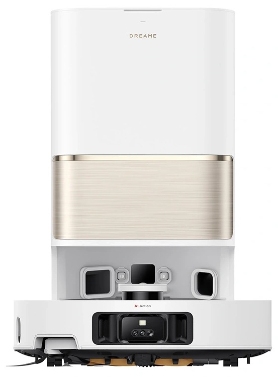 Biały i złoty odkurzacz robot Dreame z technologią AI Action.
