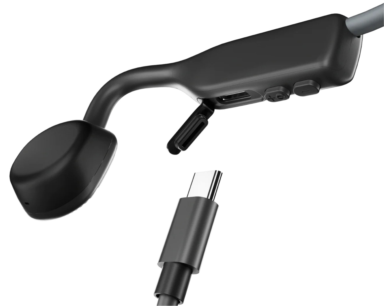 Czarne słuchawki kostne z kablem USB-C.