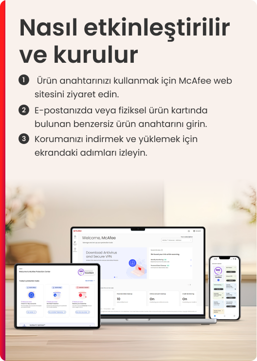 Tabletler, dizüstü bilgisayar ve telefon. Metin: 'Nasıl etkinleştirilir ve kurulur'. Adımlar listelenir.