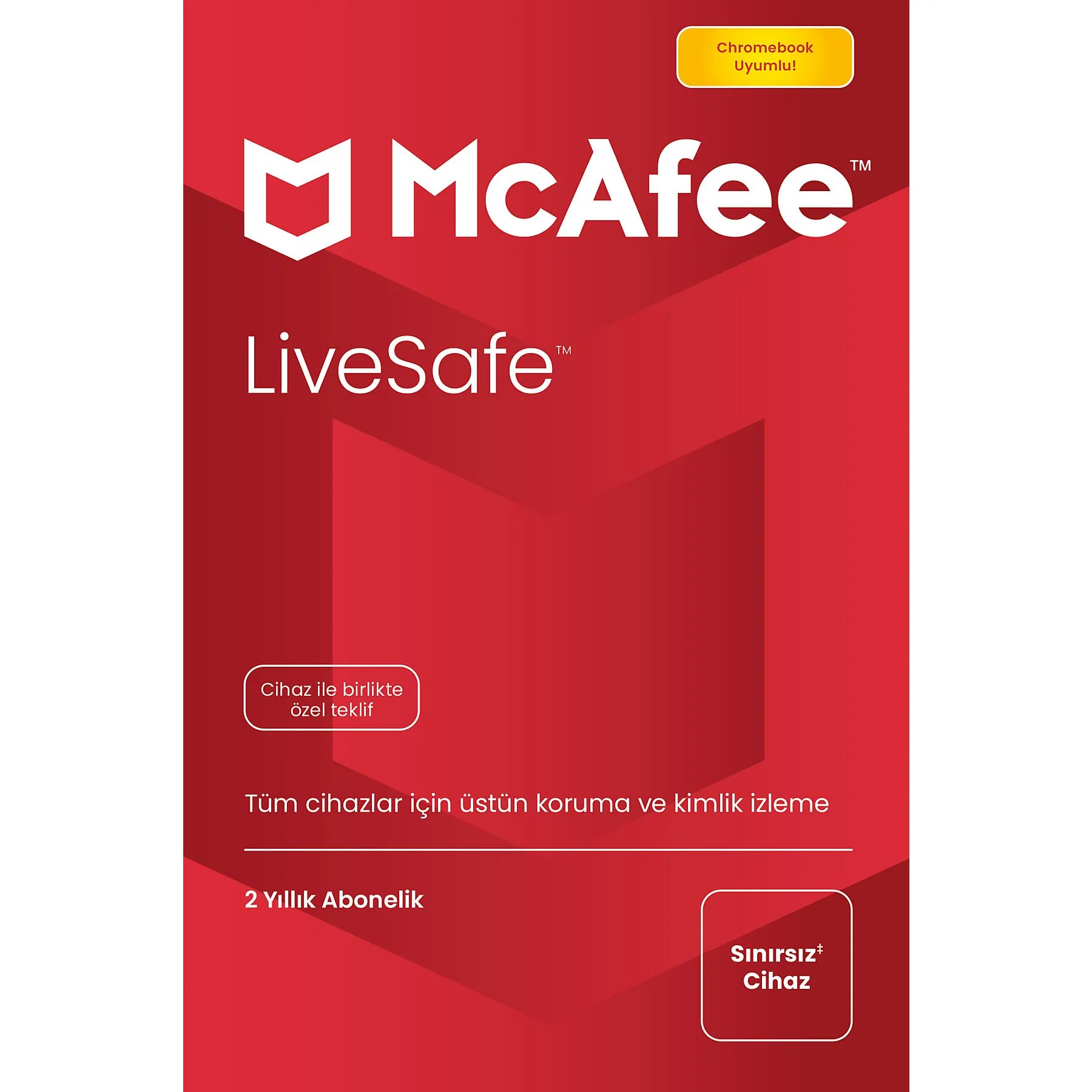 Kırmızı McAfee LiveSafe kutusu. Beyaz McAfee logosu ve metni var. Koruma sunar.
