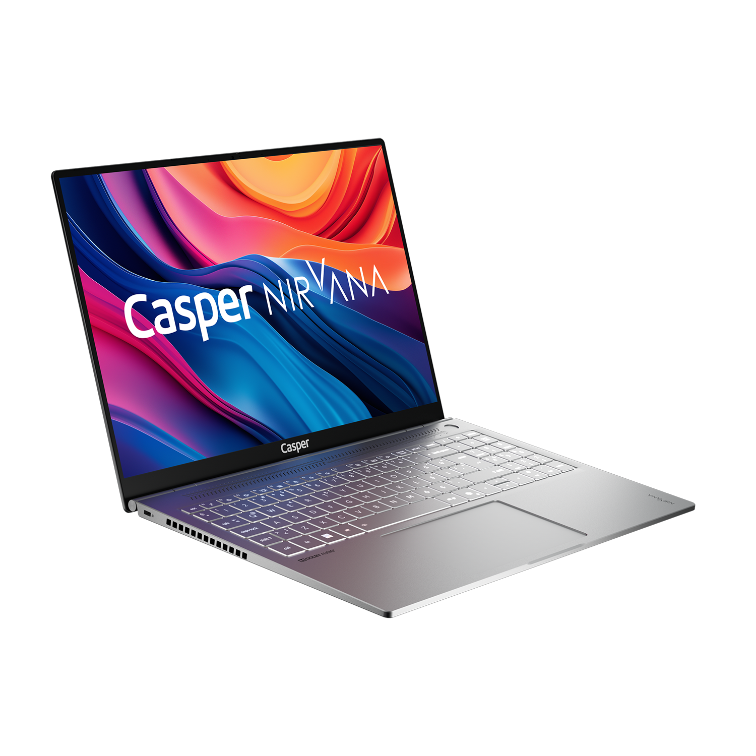 Açık laptop. Gümüş gövde, renkli ışıklı klavye. Ekran soyut bir tasarımla.