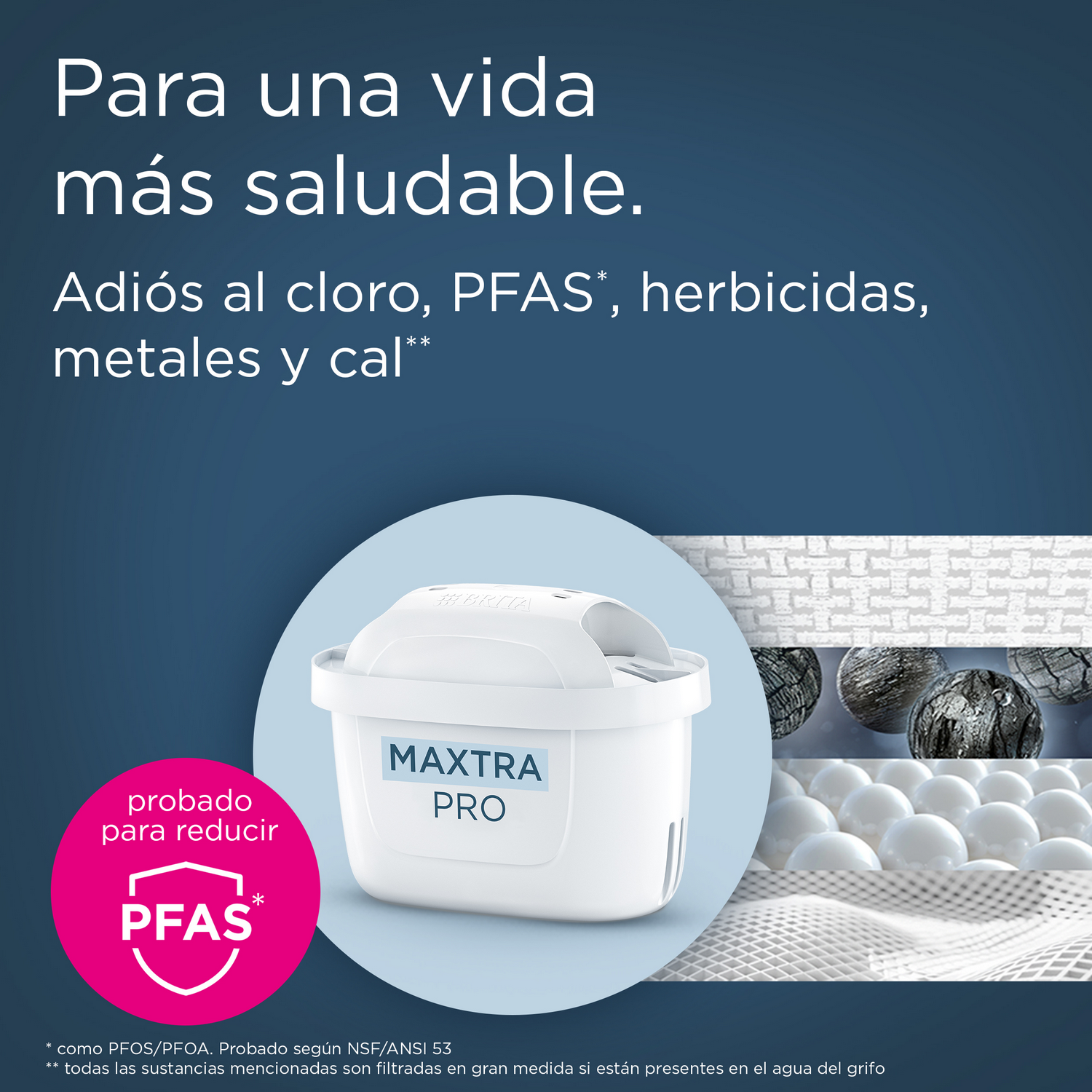 Filtro de agua blanco con texto, sobre un fondo azul. Texto: "Para una vida más saludable." y "PFAS".