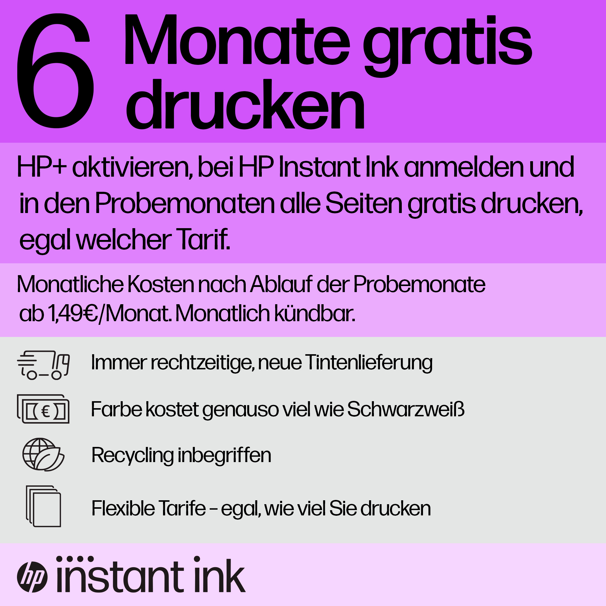 Rosa Hintergrund mit Text über HP Instant Ink und 6 Monate kostenloses Drucken.