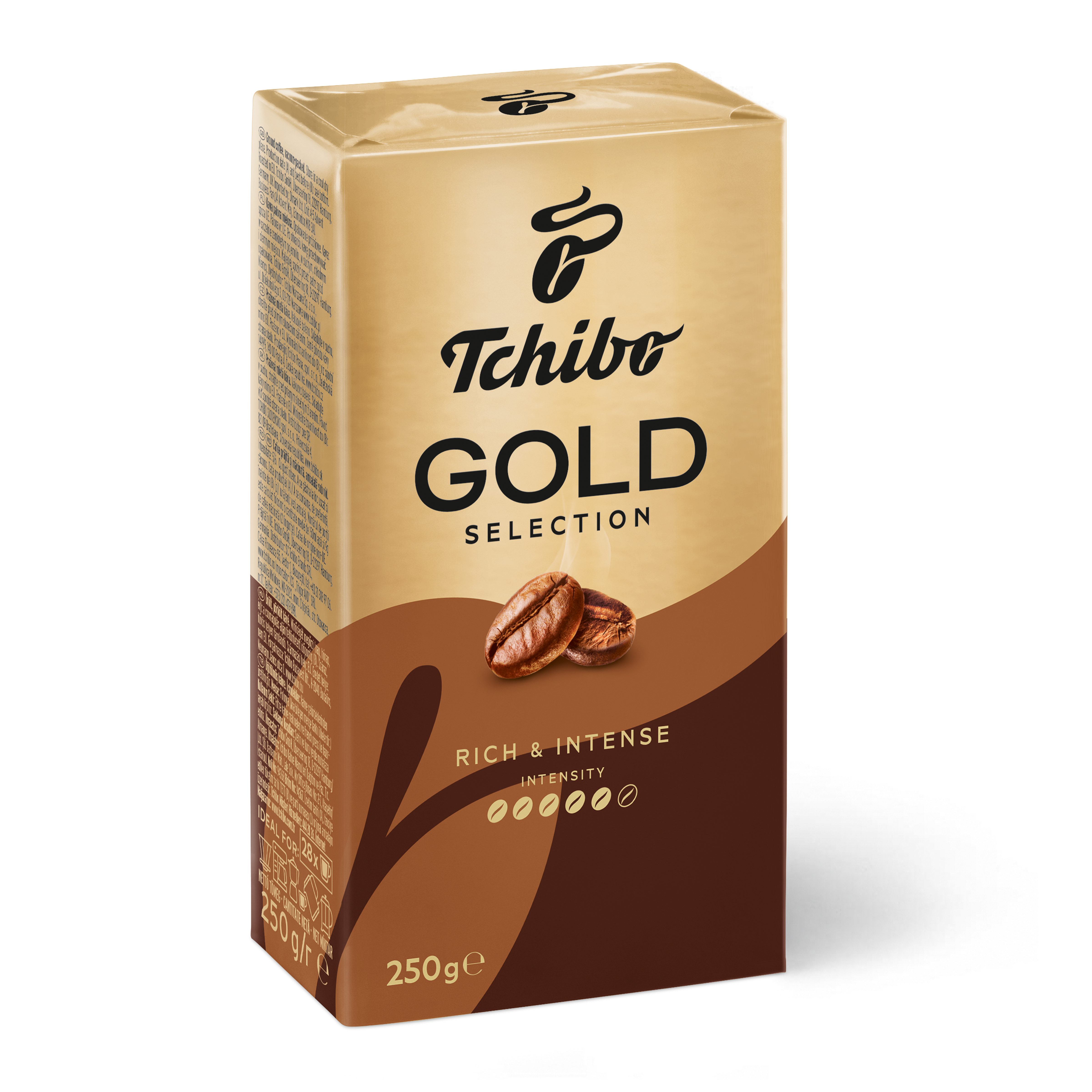 Tchibo Gold Selection kahve kutusu, beyaz zeminde kahve çekirdekleri.