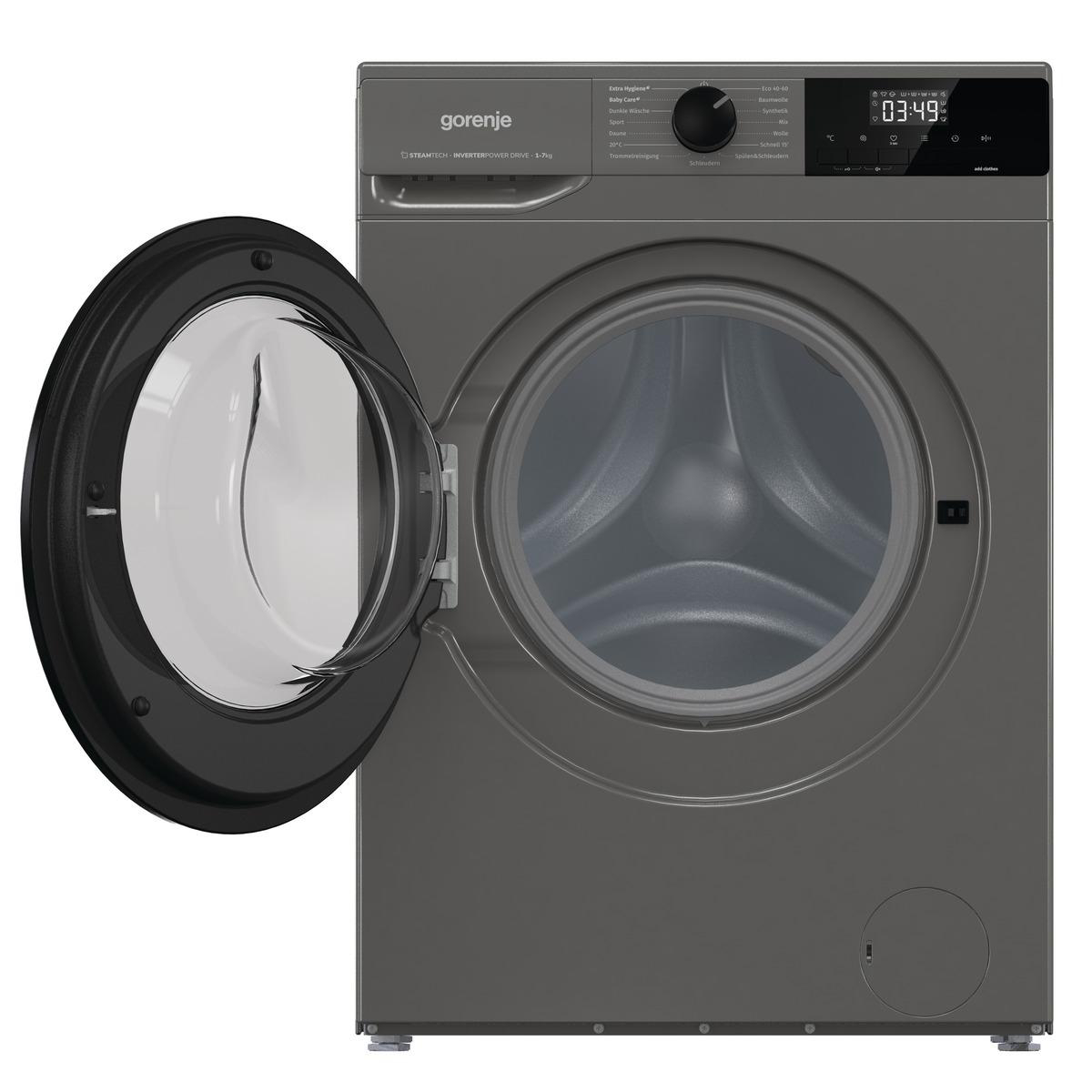 Waschmaschine mit offener Tür. Graue Farbe. Das Bedienfeld ist sichtbar.