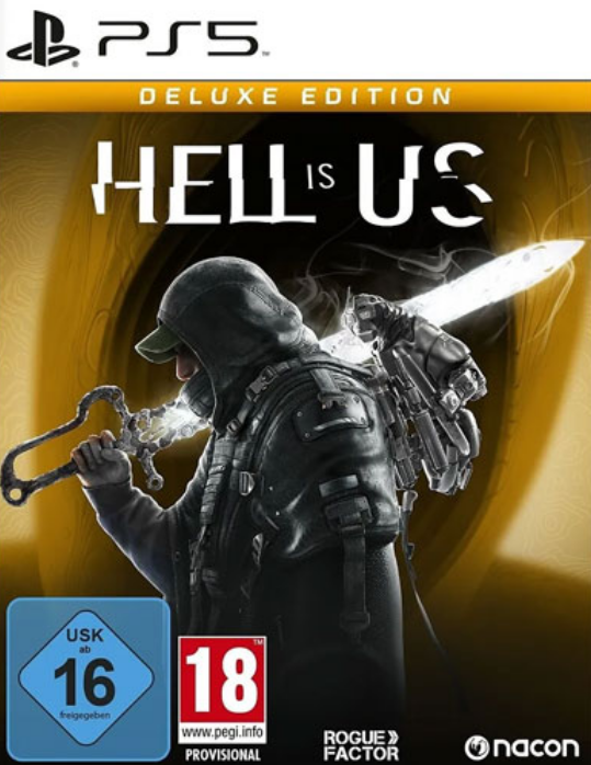 Eine PS5-Spielbox für 'Hell is Us'. Enthält eine Figur mit Schwert. Die Altersfreigabe ist 18.