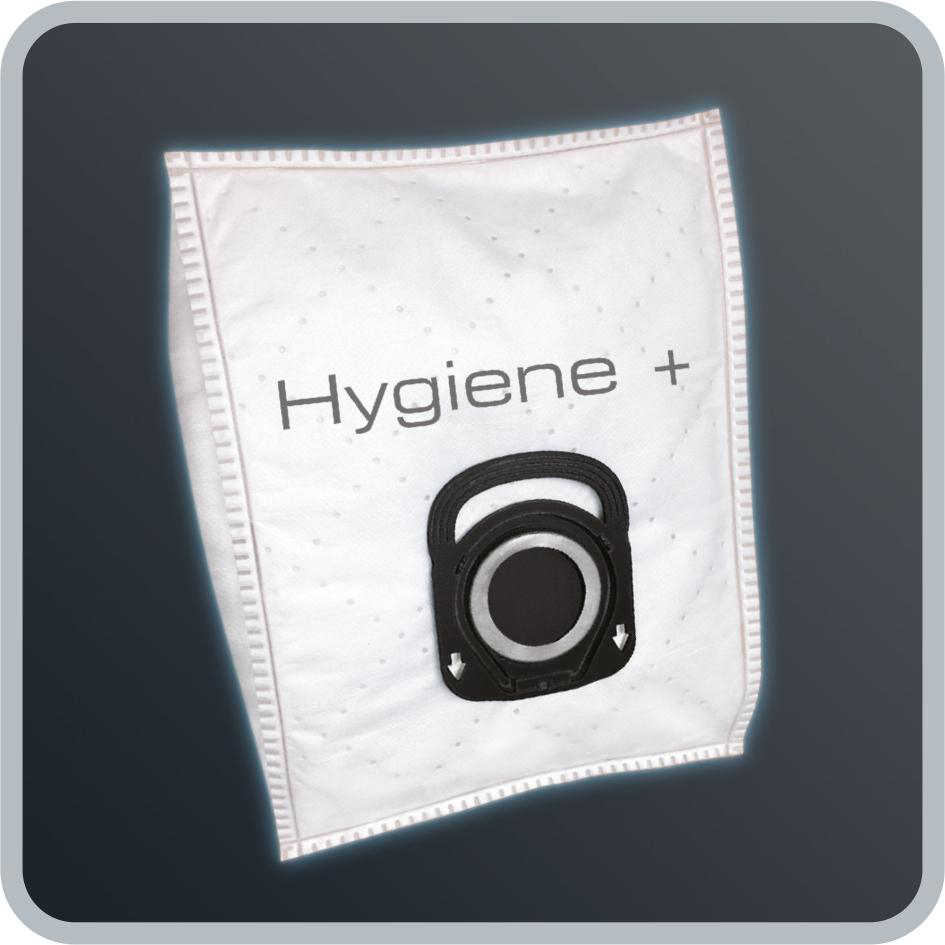 Ein weißer Staubsaugerbeutel mit schwarzer Öffnung und schwarzem Griff. Der Text 'Hygiene +' ist sichtbar.