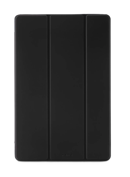Schwarze, dreifach gefaltete Tablet-Hülle, geschlossen, vor weißem Hintergrund, schlichtes Design.