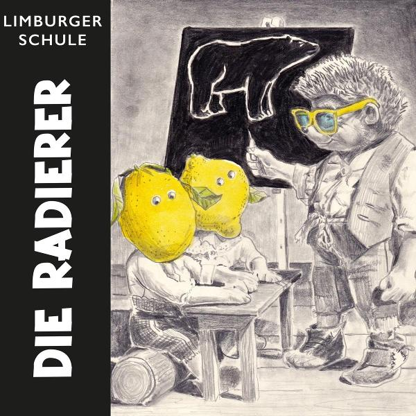 Illustration eines zitronenköpfigen Lehrers, Schüler und Tafel mit Bär.
