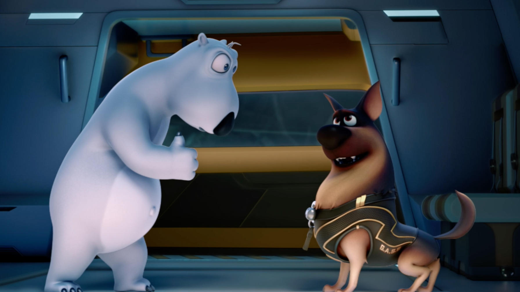 Zwei Zeichentrickhunde, ein Eisbär und ein Deutscher Schäferhund, in einem Raumschiff. Einer hebt den Daumen.