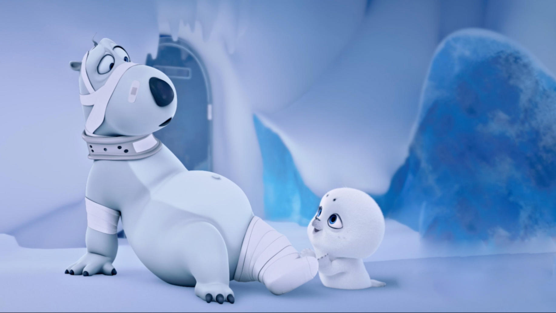 Cartoon Eisbär mit Verbänden und ein Seehund in einer eisigen Umgebung.