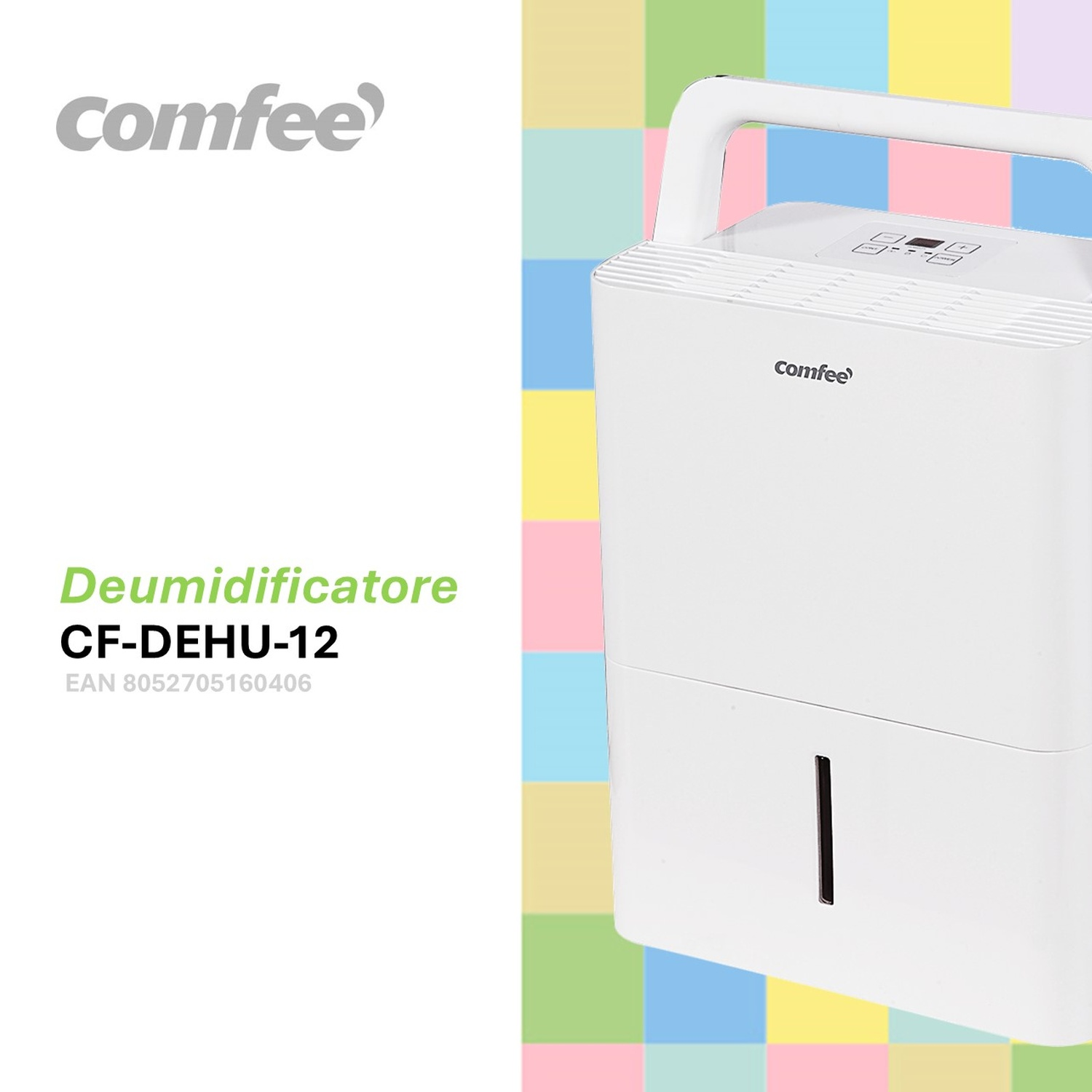 Deumidificatore bianco con logo Comfee e dettagli del prodotto su sfondo colorato.