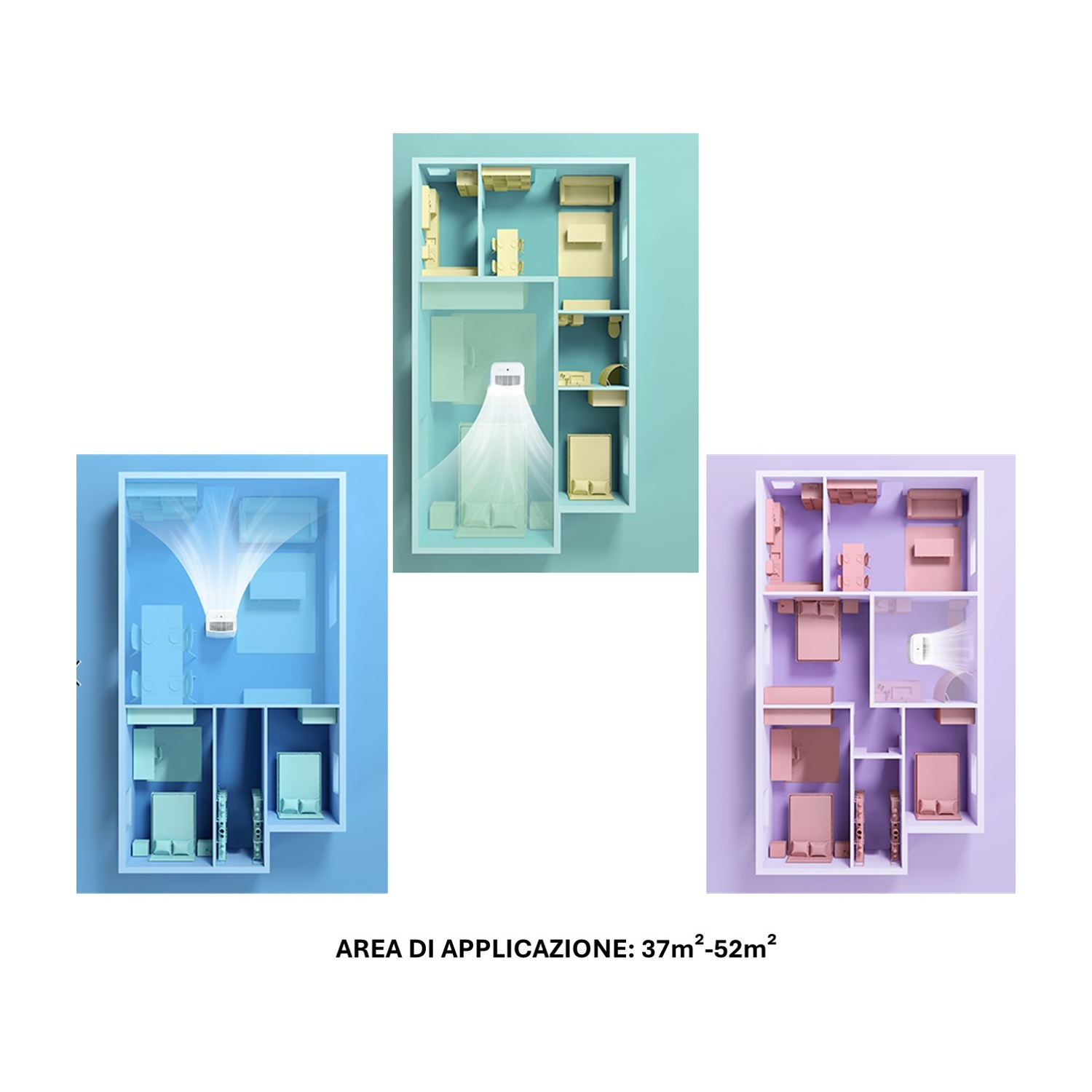 Tre diagrammi di planimetrie con diversi layout e colori su sfondo blu.