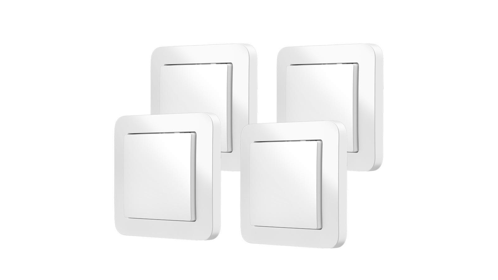 Vier weiße Lichtschalter auf weißem Hintergrund. Quadratische Form, schlichtes Design.