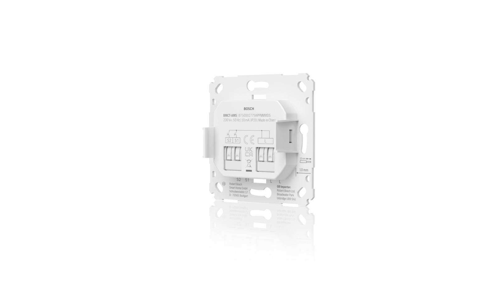 Weißes elektrisches Bauteil mit beschrifteten Anschlüssen und Bosch-Branding, isoliert auf Weiß.