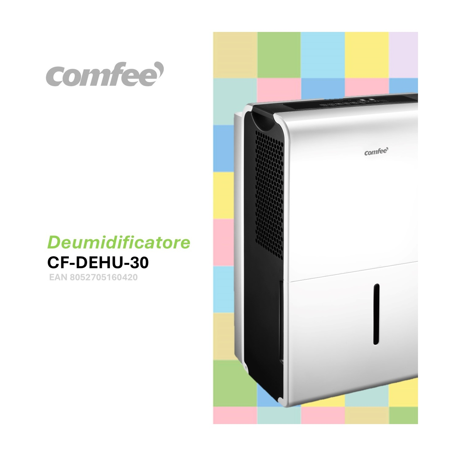 Deumidificatore bianco e nero con testo, possibilmente uno scatto del prodotto.