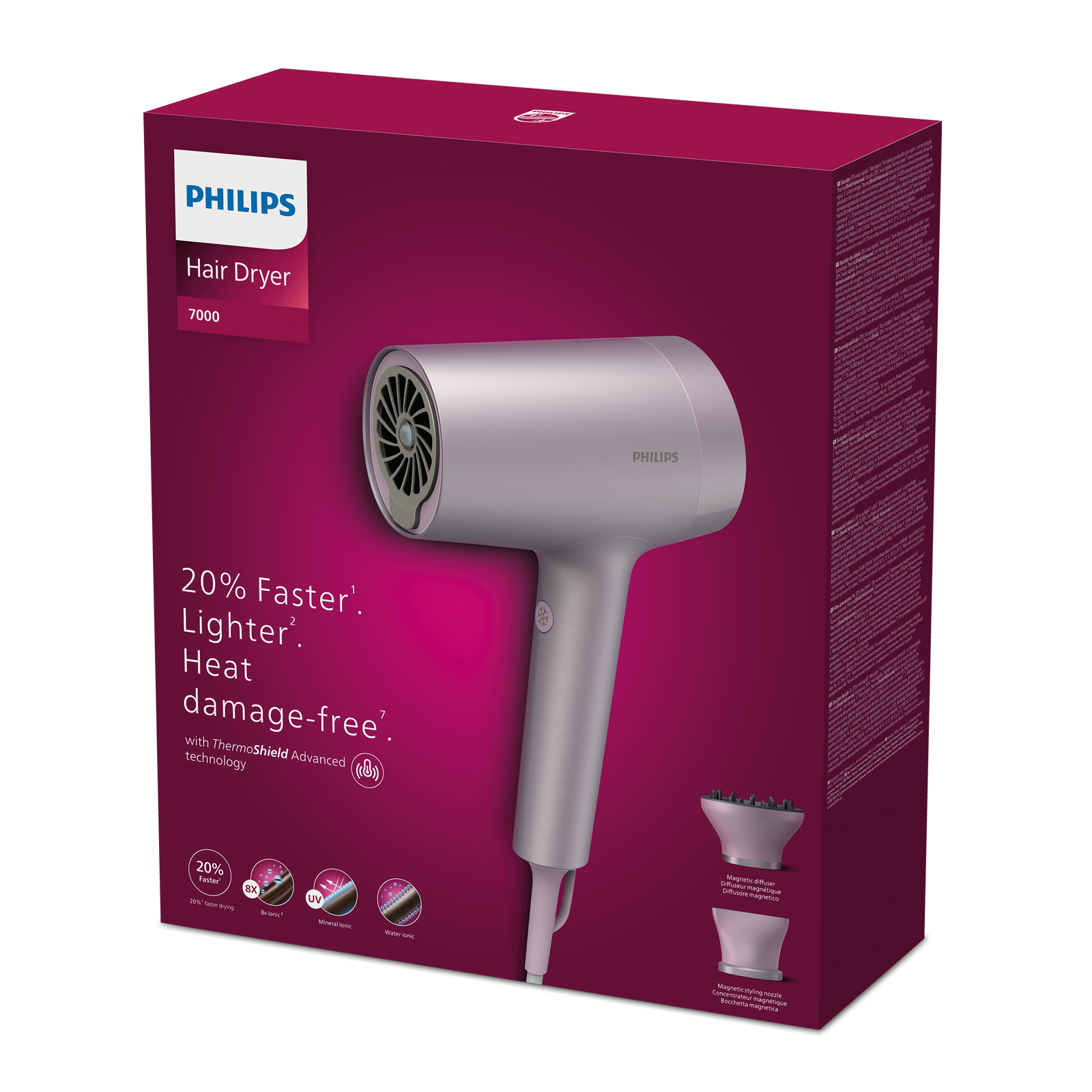 Secador de pelo Philips en una caja roja. Es plateado. El texto en la caja dice 20% más rápido y ligero.