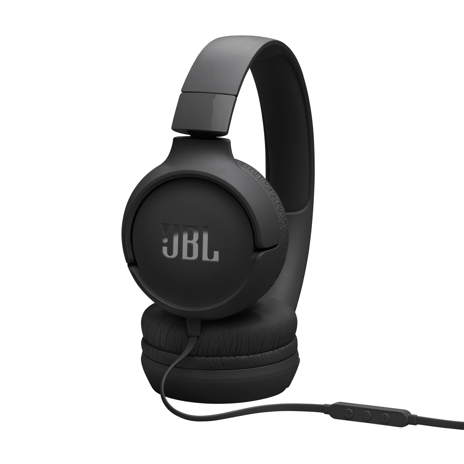 Schwarze JBL-Kopfhörer mit JBL-Logo, verbunden mit einem Kabel mit Steuertaste.