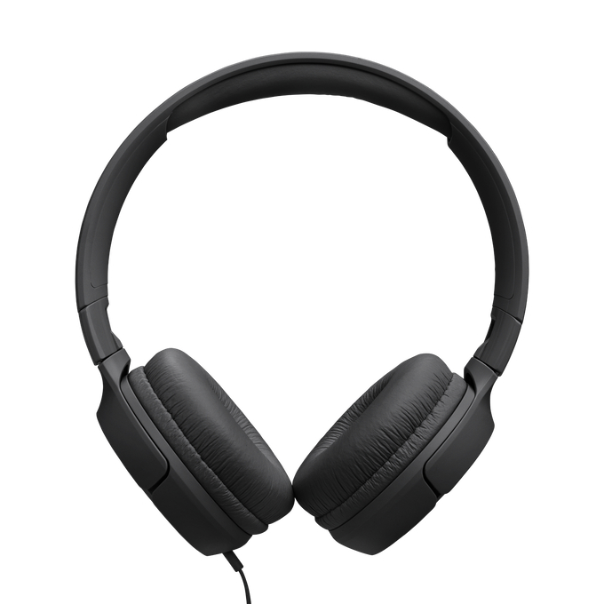 Schwarze Over-Ear-Kopfhörer auf weißem Hintergrund. Die Kopfhörer sind nach vorne gerichtet.
