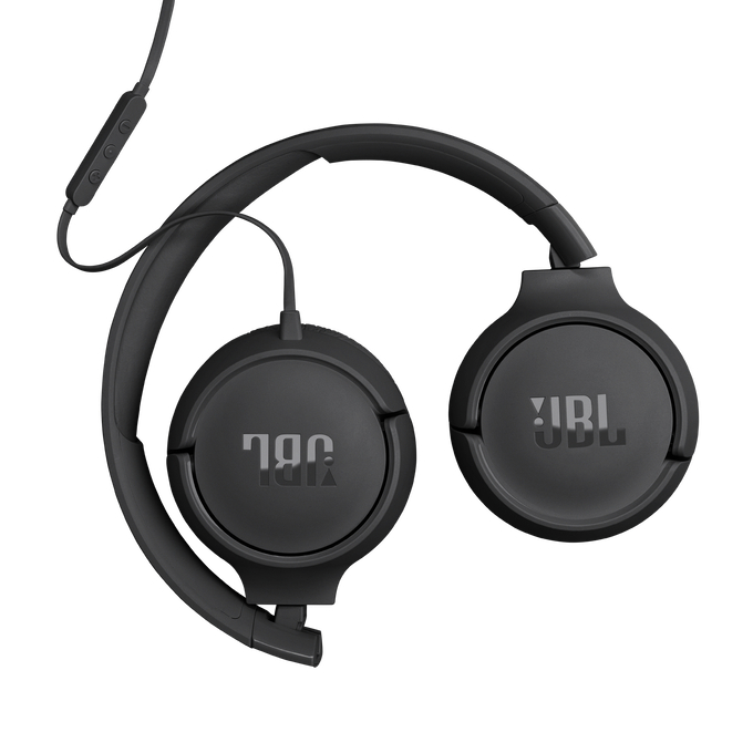 Schwarze JBL-Kopfhörer, mit Nackenband und Ohrmuscheln, auf weißem Hintergrund.