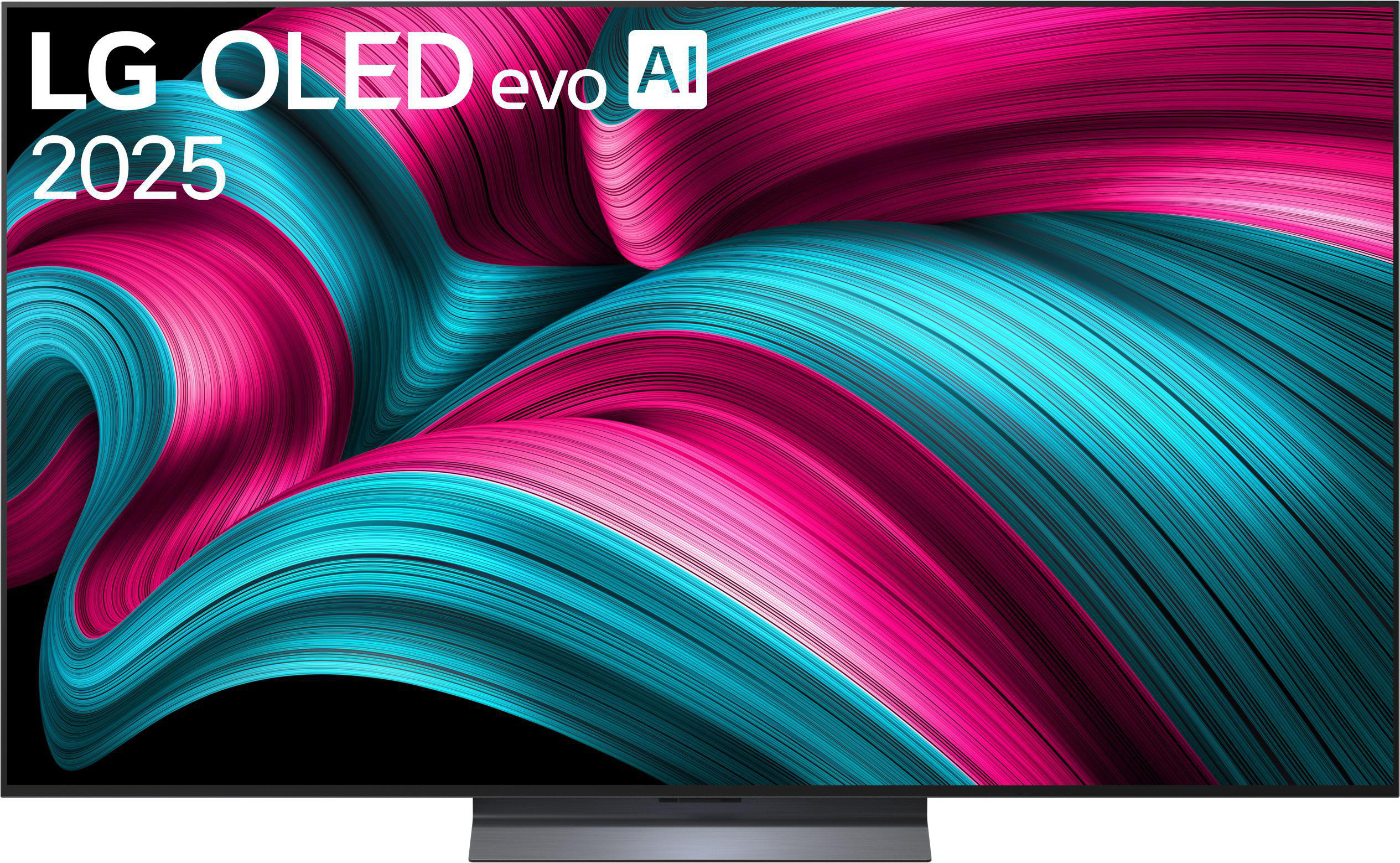 Ein LG OLED evo AI 2025 Fernseher. Der Bildschirm zeigt einen Wirbel aus pinken, türkisfarbenen und schwarzen Farben.
