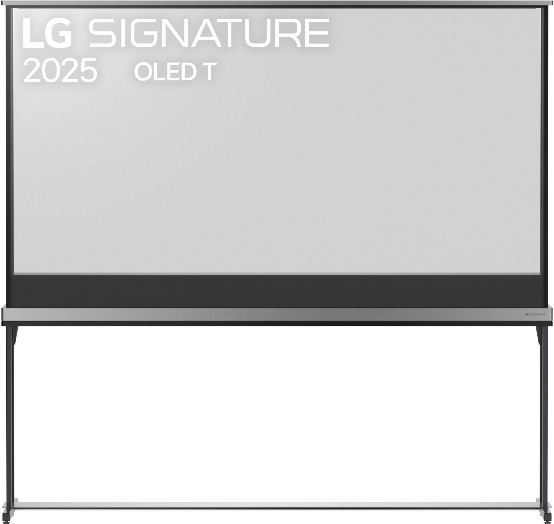 LG SIGNATURE OLED T TV-Bildschirm, 2025, montiert auf einem Ständer.