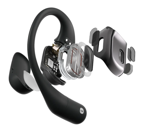 Widok rozłożony czarno-srebrnego słuchawki z widocznymi elementami wewnętrznymi.