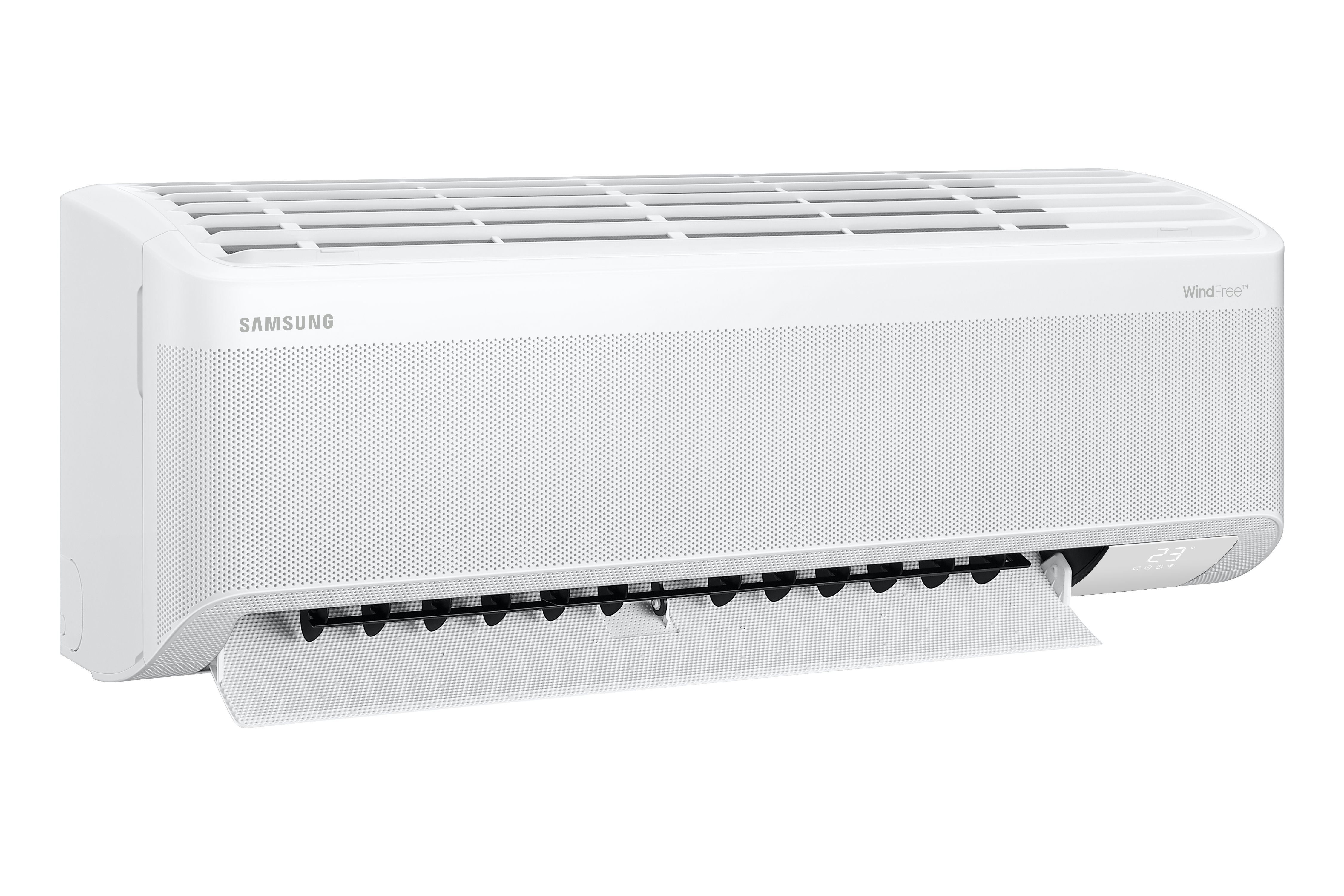 Beyaz bir Samsung WindFree klima. 23 derece gösteriyor. Ünite beyaz bir arka plan üzerinde.