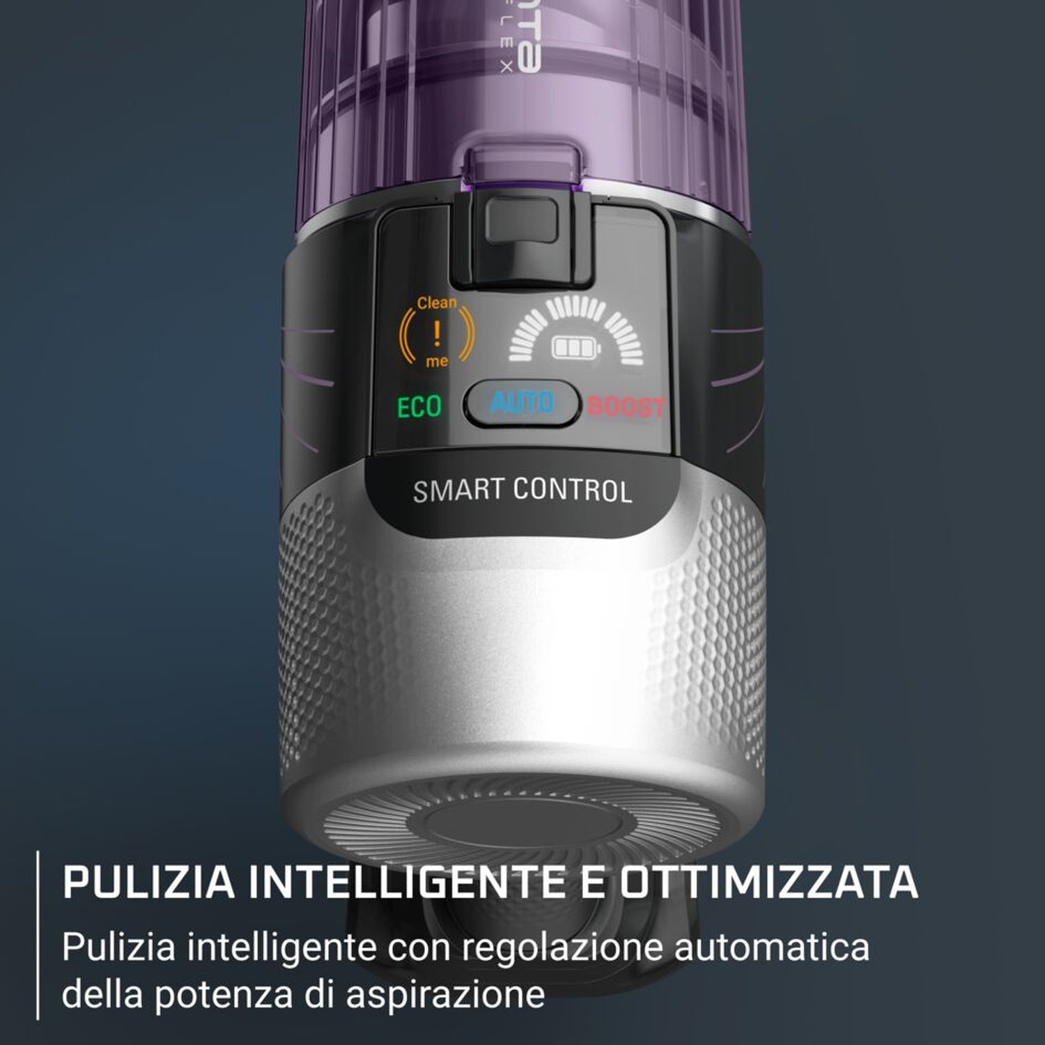 Pannello di controllo dell'aspirapolvere con testo: 'SMART CONTROL'. Pulsanti: ECO, AUTO, BOOST.