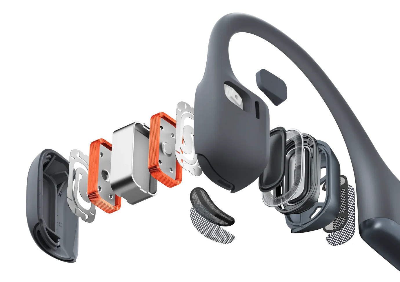 Widok rozłożony szarych słuchawek Shokz przewodnictwa kostnego, pokazujący elementy wewnętrzne.