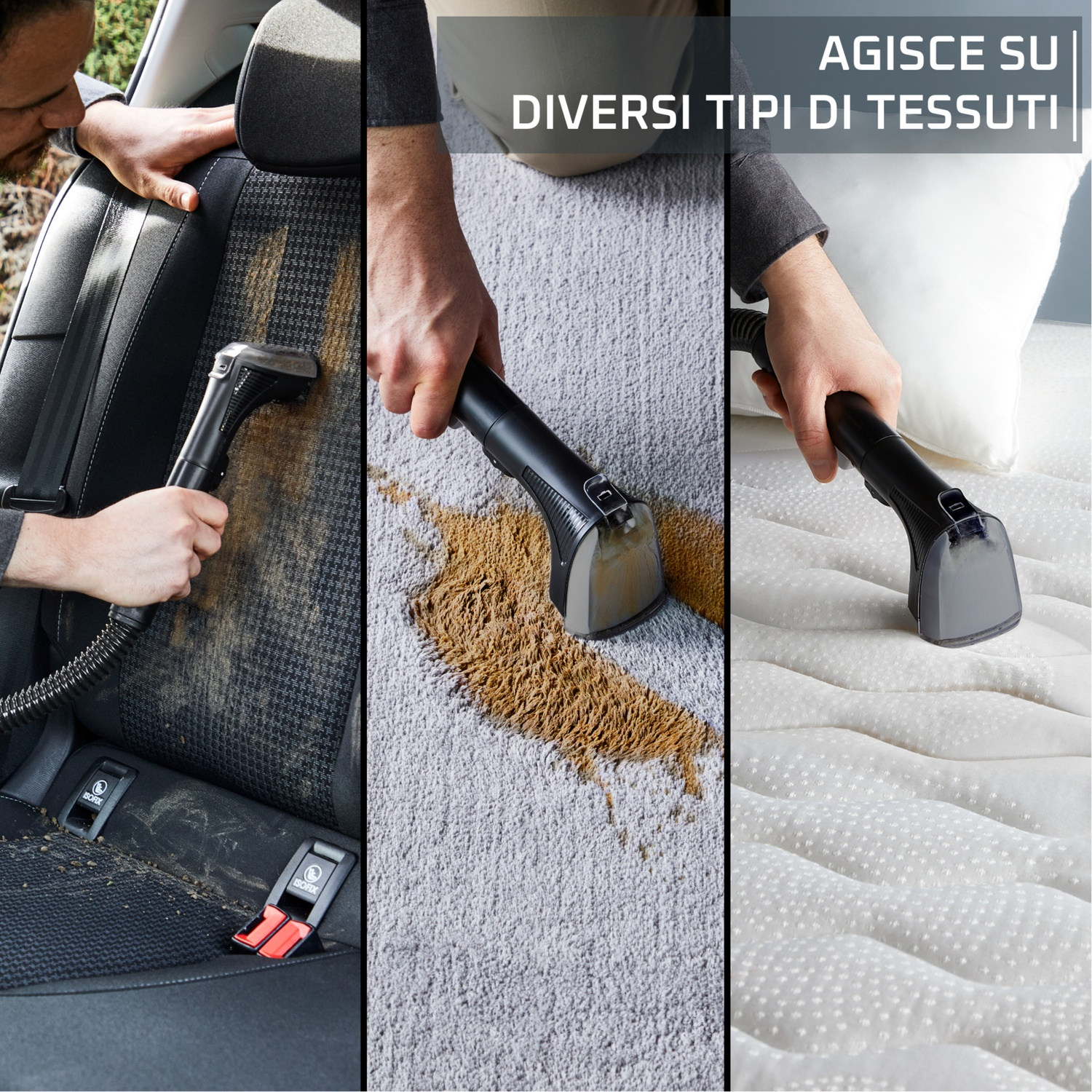 Tre immagini che mostrano la pulizia dei tessuti con un dispositivo portatile su sedili auto, tappeto e materasso.