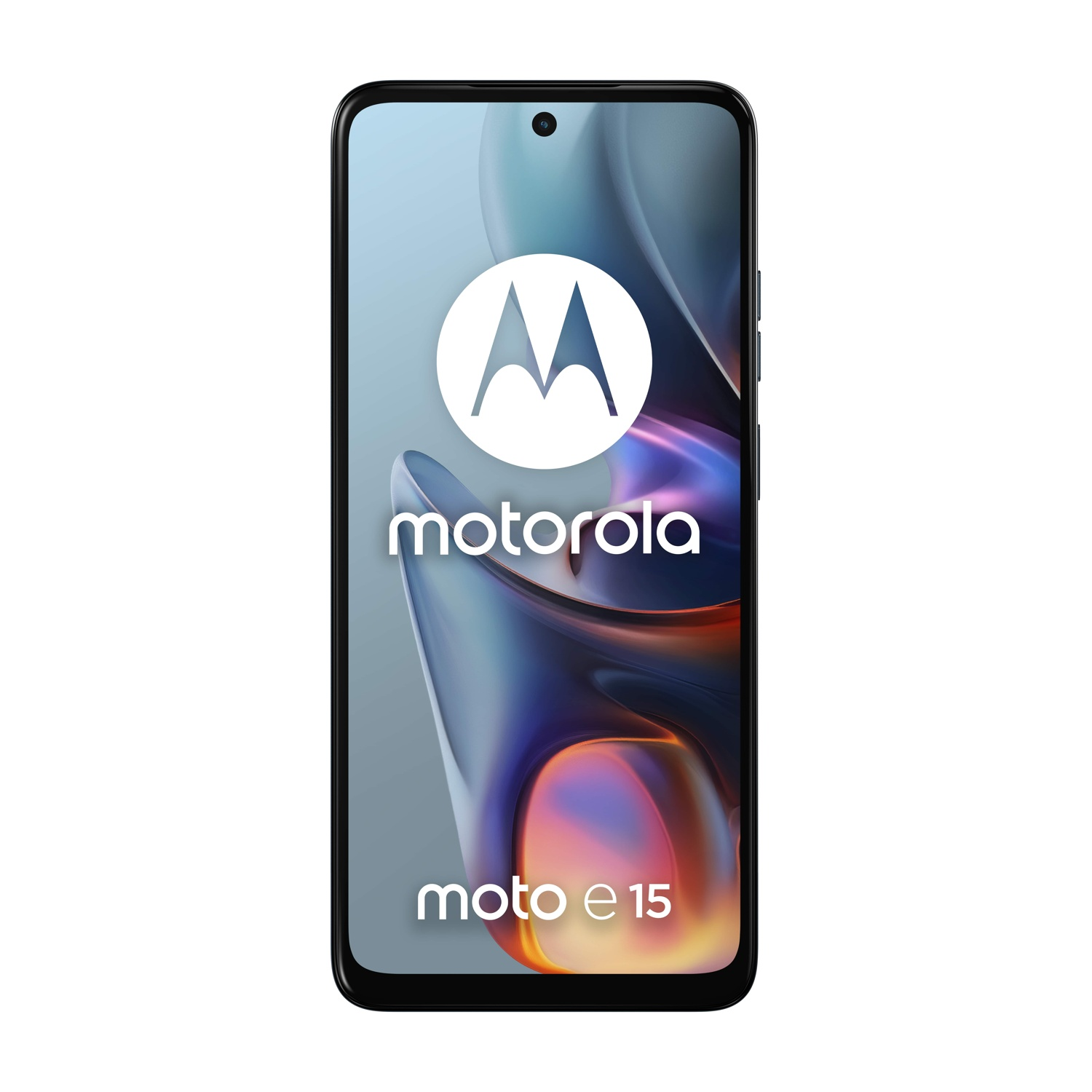 Smartphone Motorola moto e15 con logo Motorola sullo schermo.