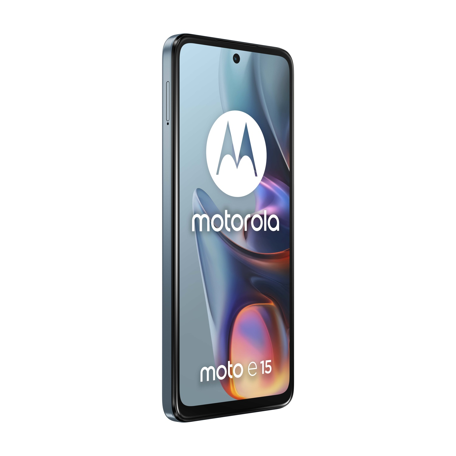 Smartphone Motorola Moto e15, cornice grigia, su sfondo bianco. Logo Motorola visualizzato.