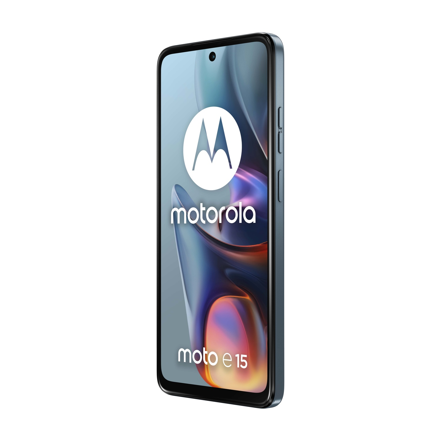 Uno smartphone blu Motorola Moto e15, leggermente inclinato a destra, sfondo bianco.