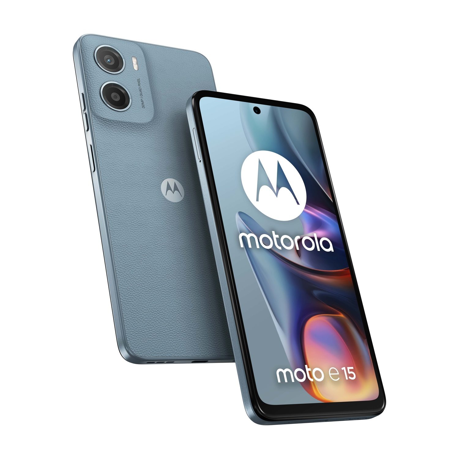 Uno smartphone azzurro con due lenti della fotocamera sul retro.