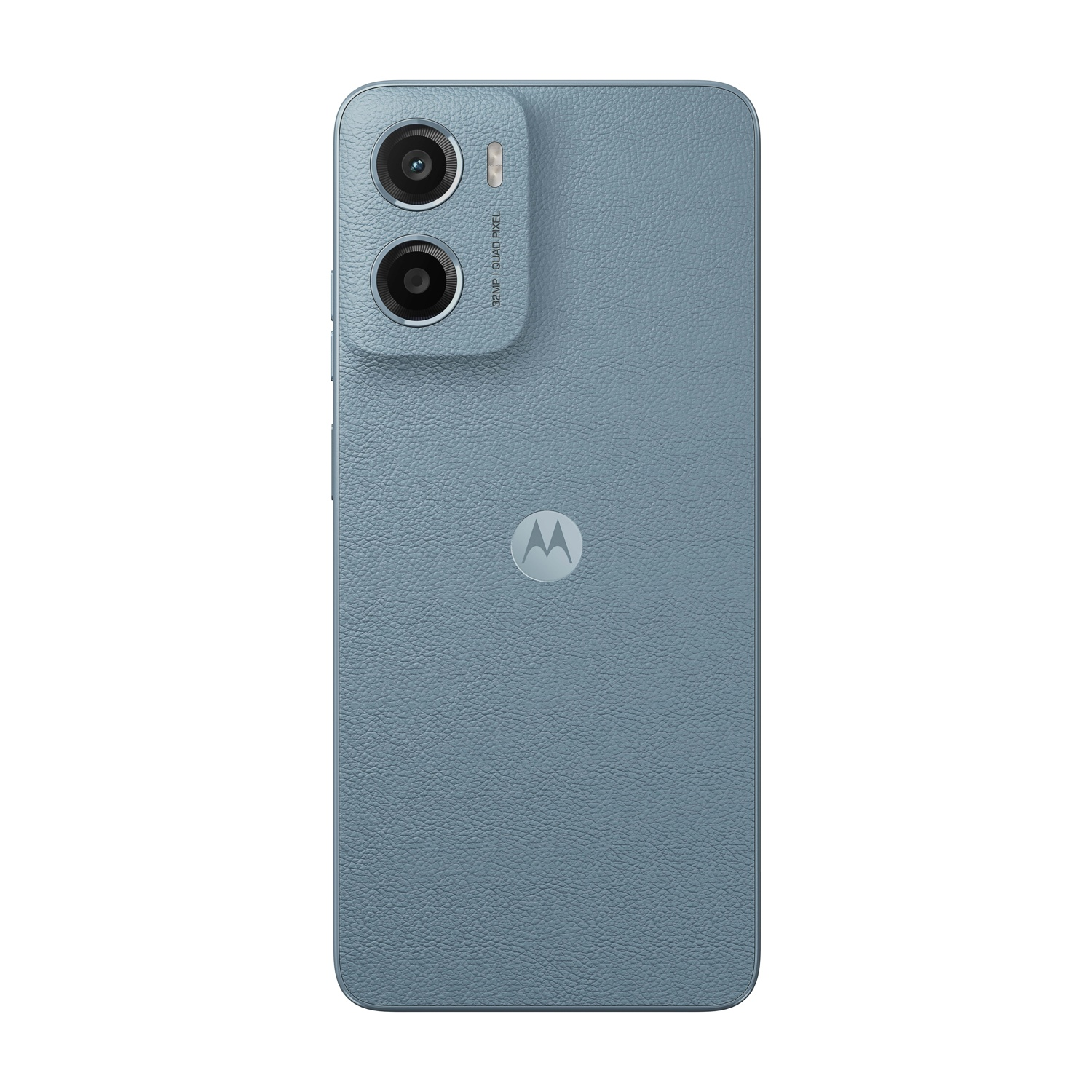 Telefono Motorola blu con doppia fotocamera e retro strutturato. Il logo Motorola è visibile.
