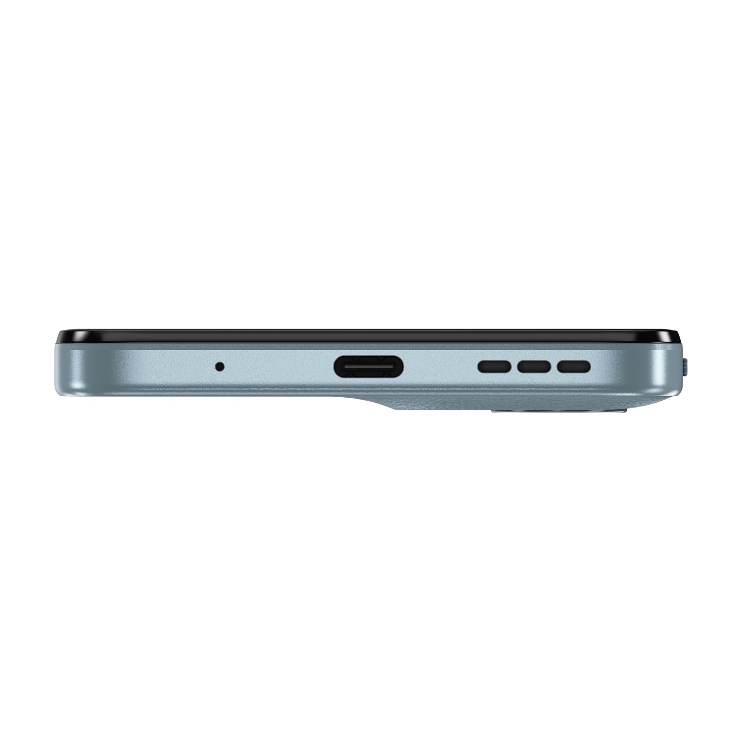 Vista laterale di uno smartphone azzurro con porta di ricarica e pulsante.