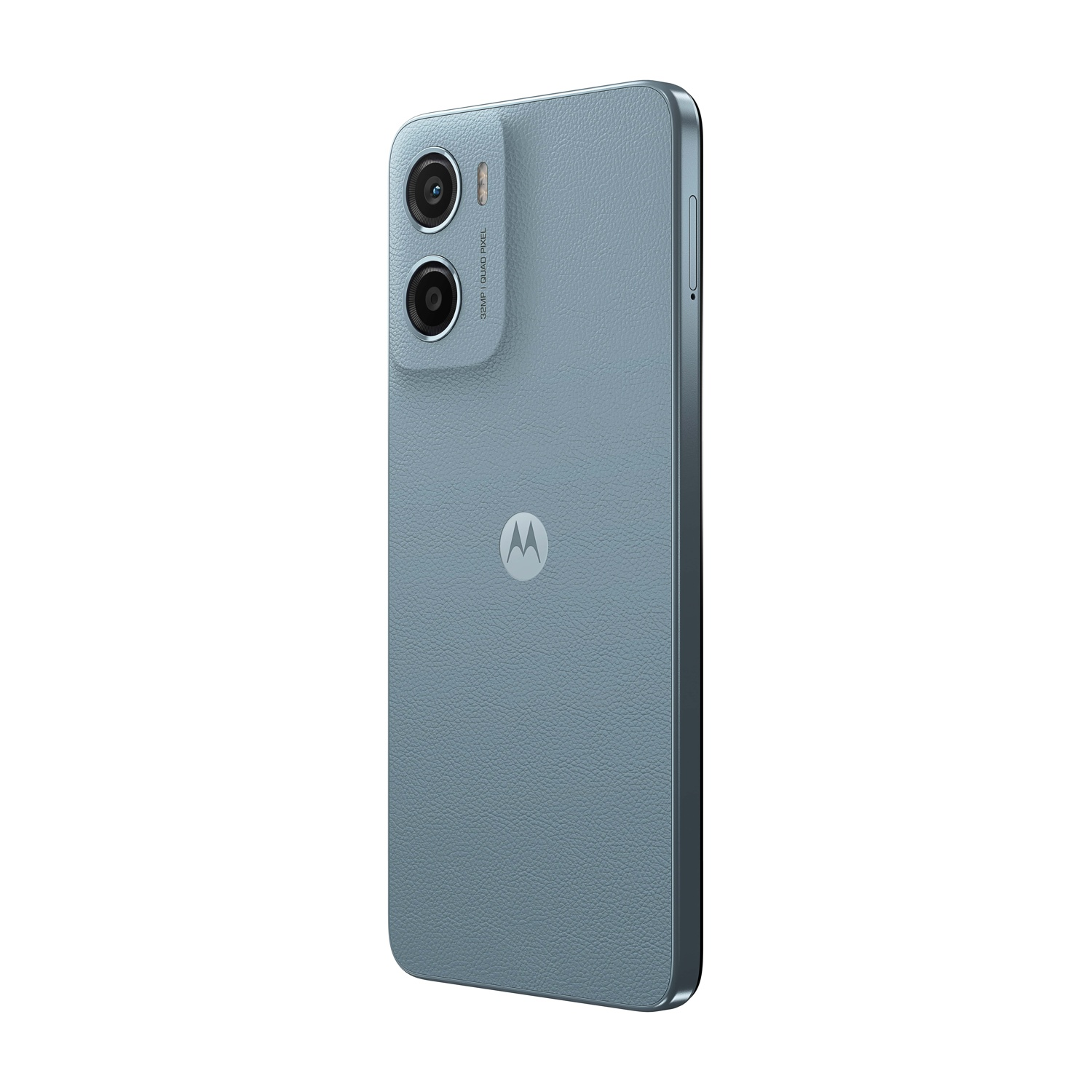 Un telefono Motorola azzurro, vista posteriore, con doppia fotocamera e un logo.