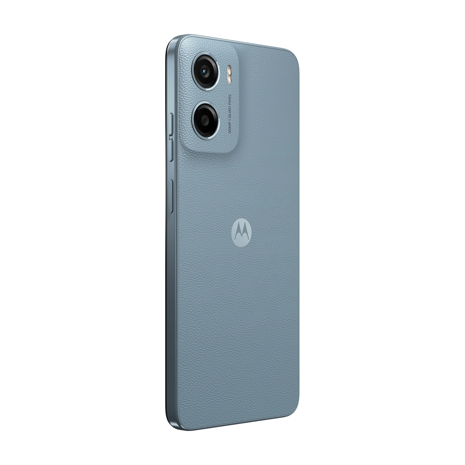 Telefono Motorola blu con doppia fotocamera, pulsanti laterali e logo Motorola su superficie azzurra.
