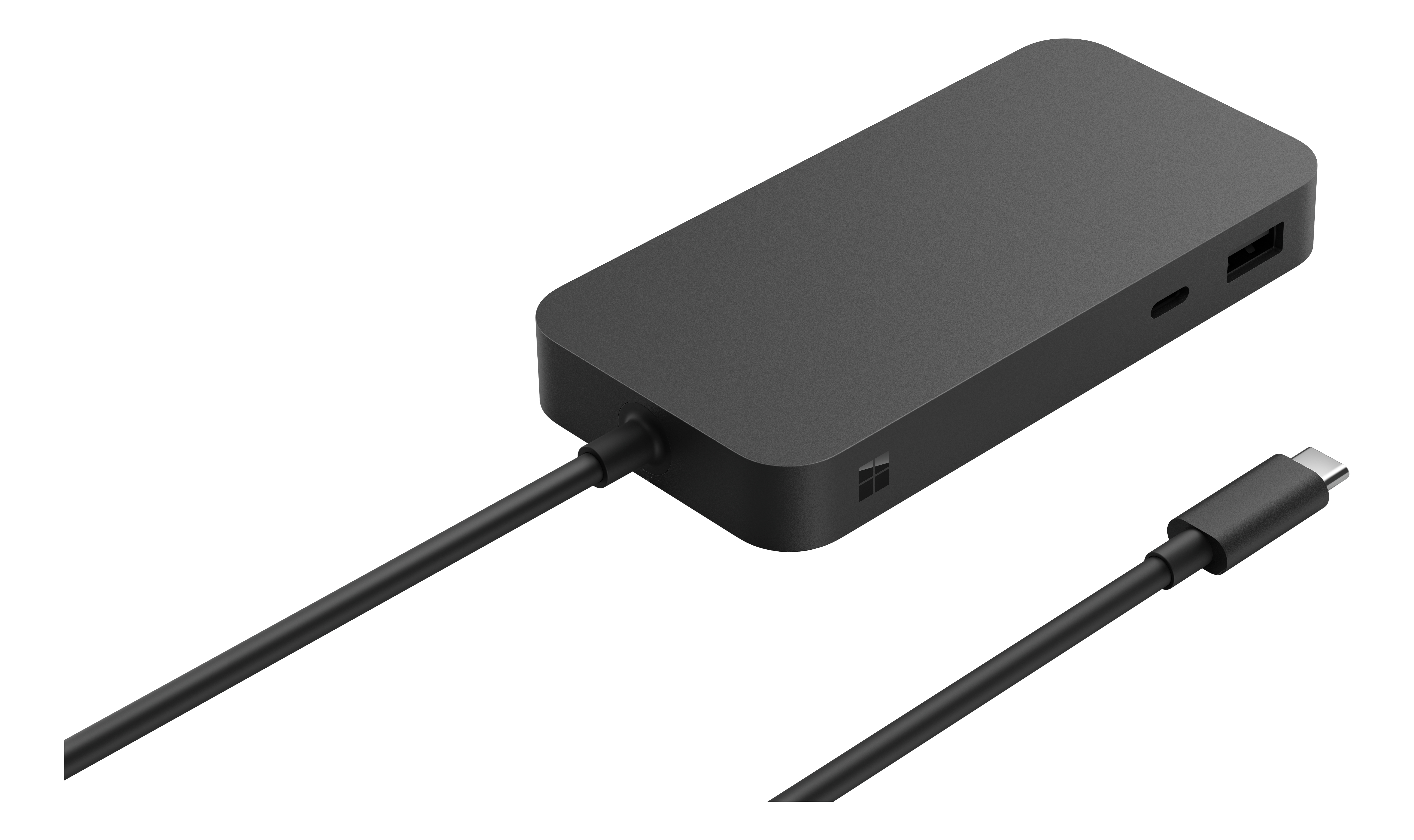 Ein schwarzer USB-C-Hub mit Kabel, vor einer weißen Oberfläche.